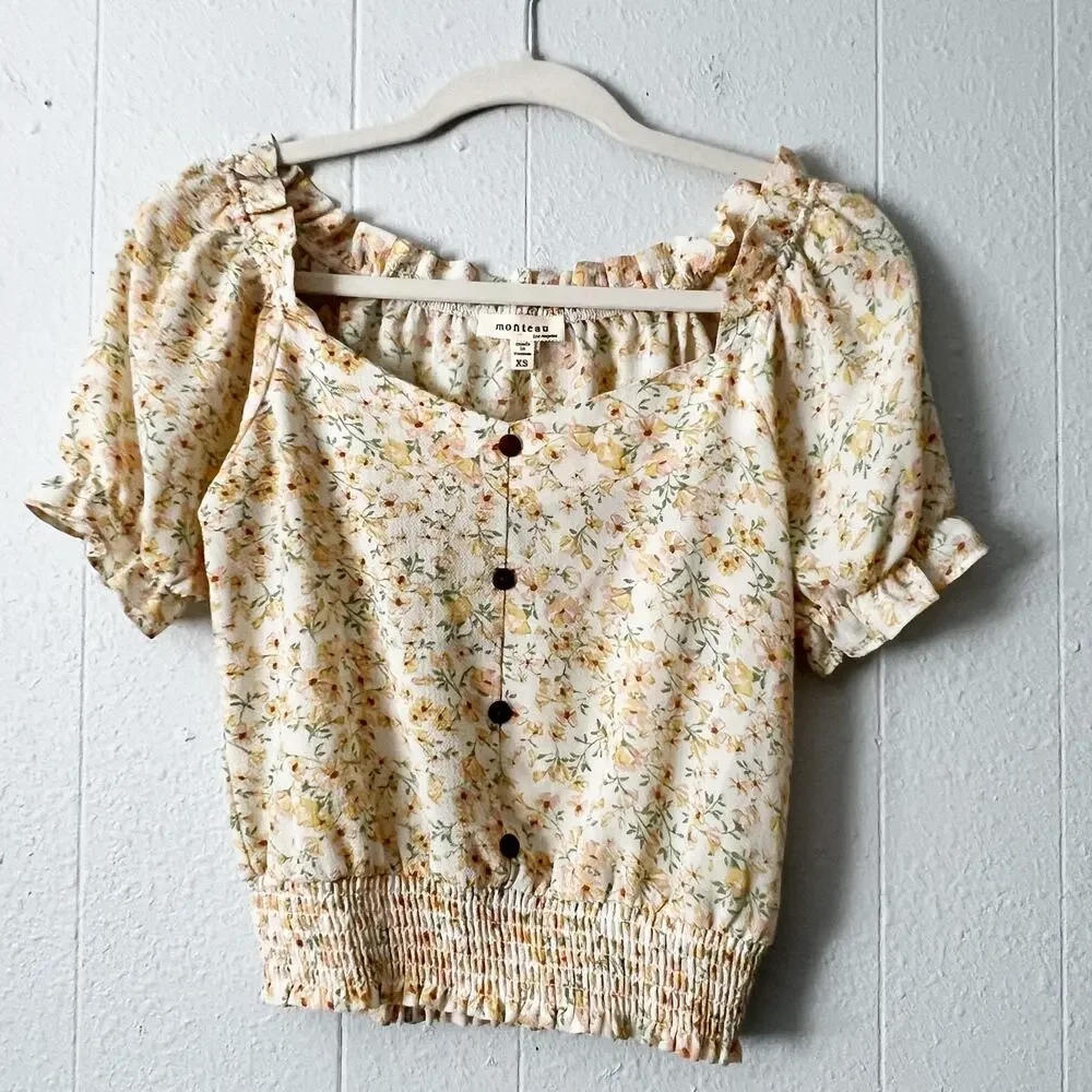 Monteau Floral Puff Sleeve Smocked Top Womens XS Cottagecore Dainty Fairy Boho
